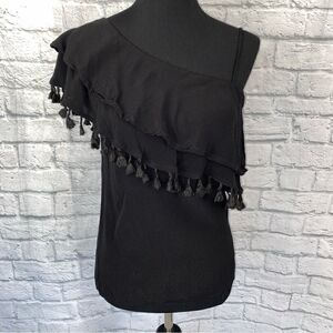 Blue Rain one shoulder top w/Pom Pom fringe black size small women